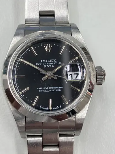 ロレックス オイスターパーペチュアル デイト 69160 ブラック バー U番 レディース 中古 腕時計 69160 ROLEX（ロレックス） オイスターパーペチュアル デイト ブルー
